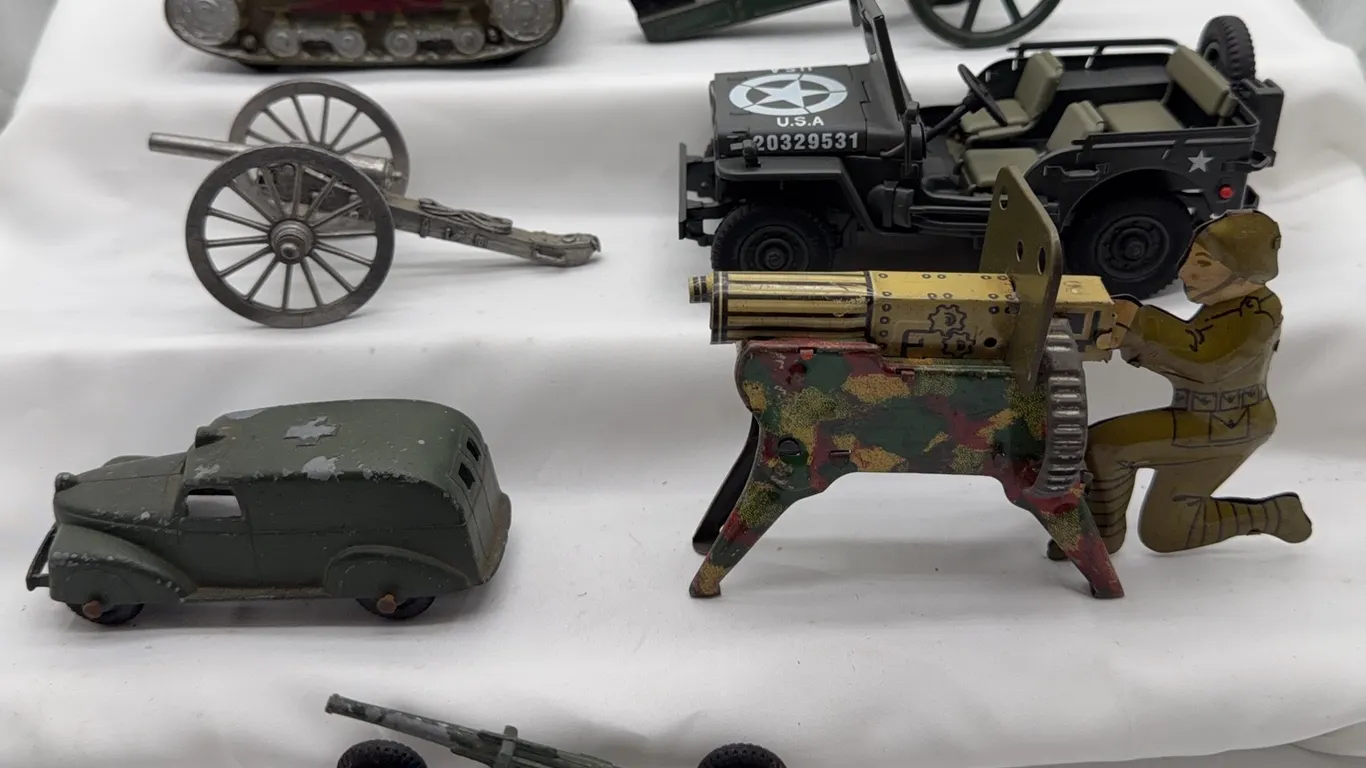 Vintage Military Toy Lot, Tank, Tin Litho Machine Gunner, Artillery Cannons, Jeep & Vehicles
