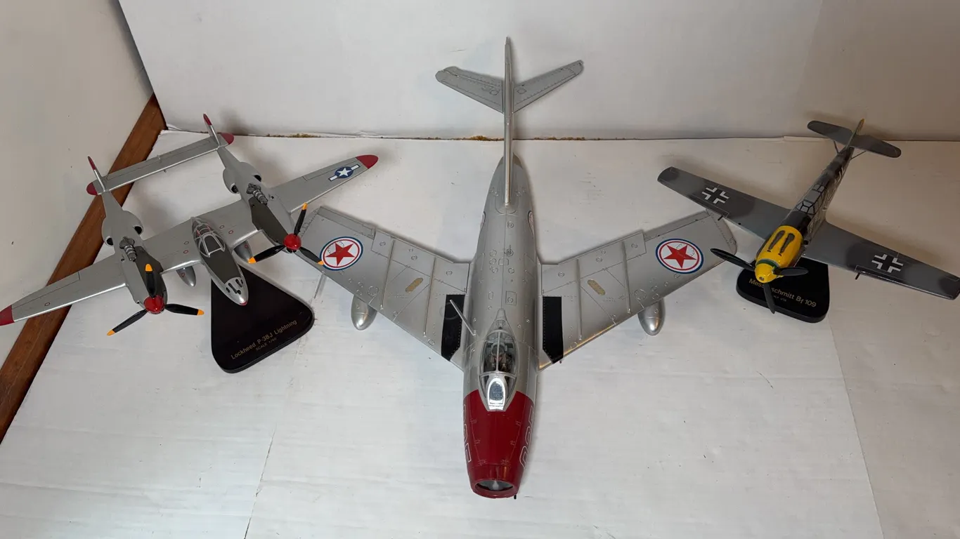 Military Aircraft Display Model Collection, P-38J Lightning, Messerschmitt Bf 109 & Soviet Jet