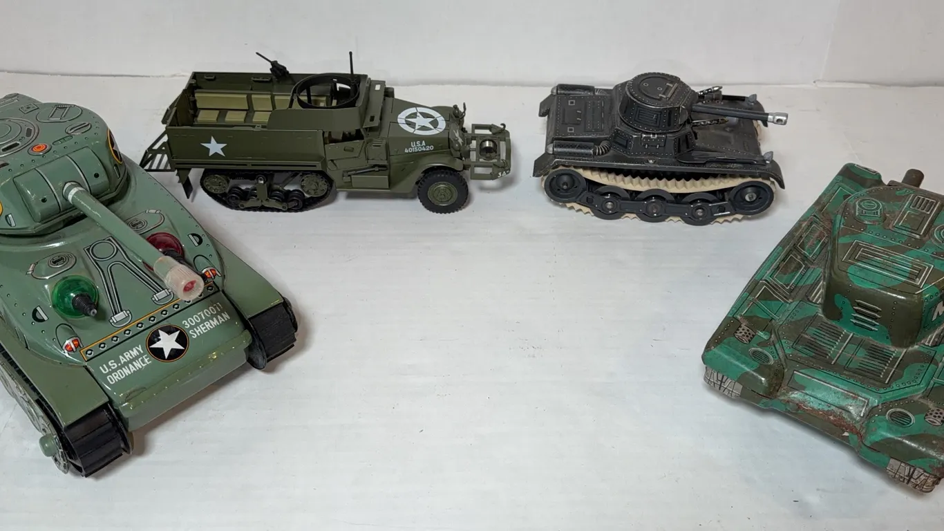 Vintage Tin Litho & Military Toy Tank Collection, M-35, M-4 Sherman & Half-Track