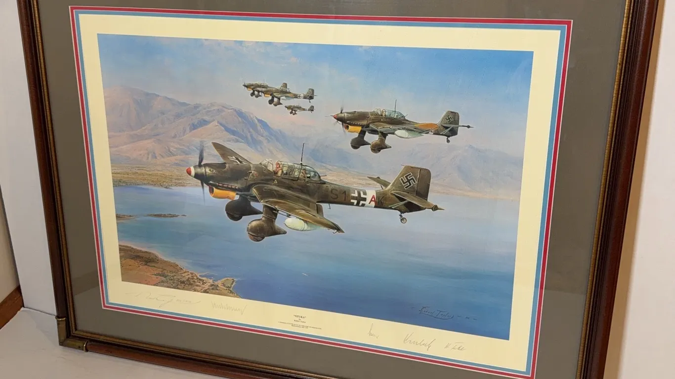 Robert Taylor “STUKA” Signed Limited Edition Aviation Print 655/1250, Framed with Veteran Signatures