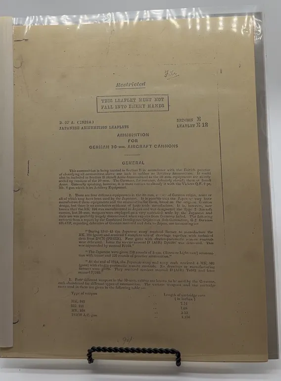 WWII British Restricted Japanese Ammunition Intelligence Leaflet, German 30mm Aircraft Cannons
