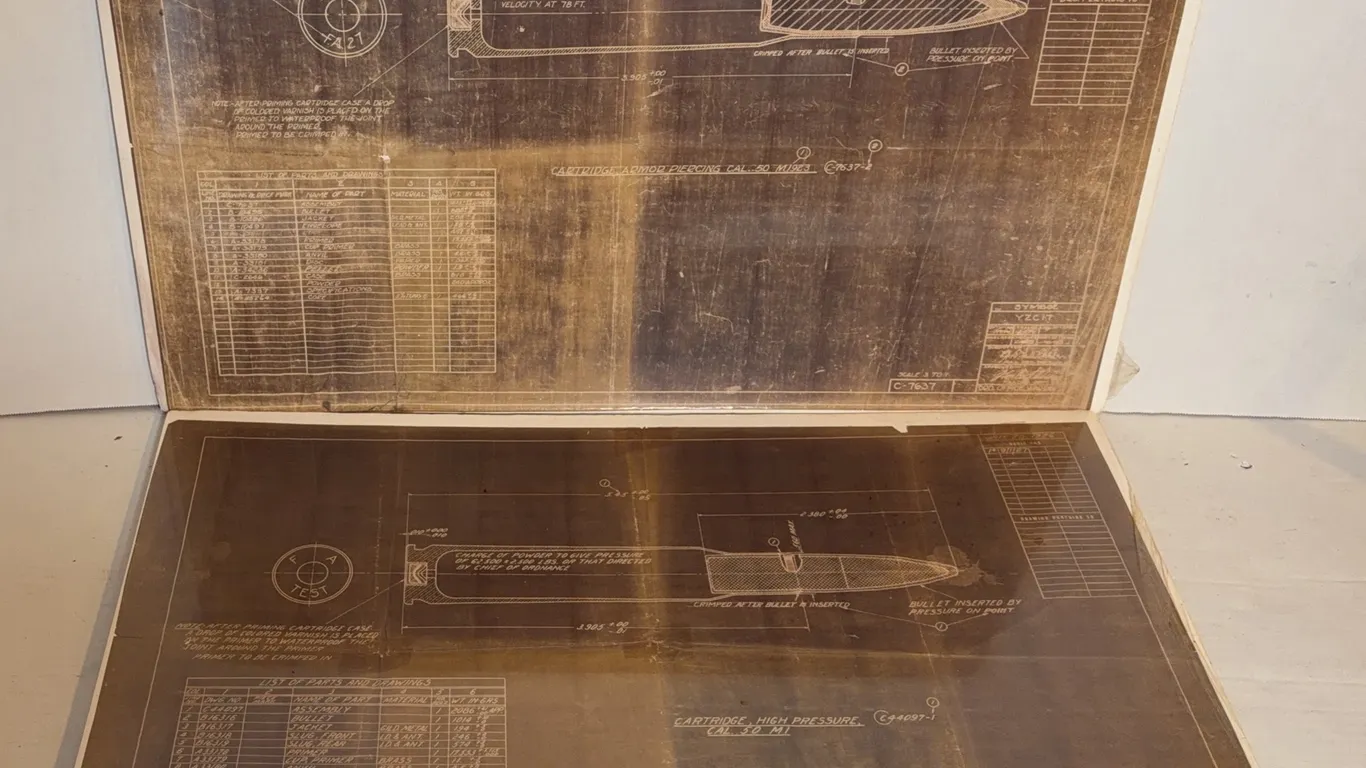 Pair of U.S. Military .50 Cal Ammunition Technical Drawings, Armor Piercing M1923 & High Pressure