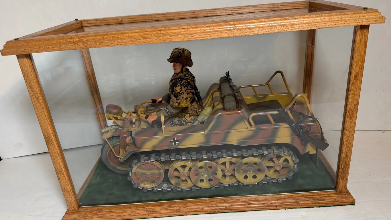 Solider Figurine on Military Vehicle, in Display Case