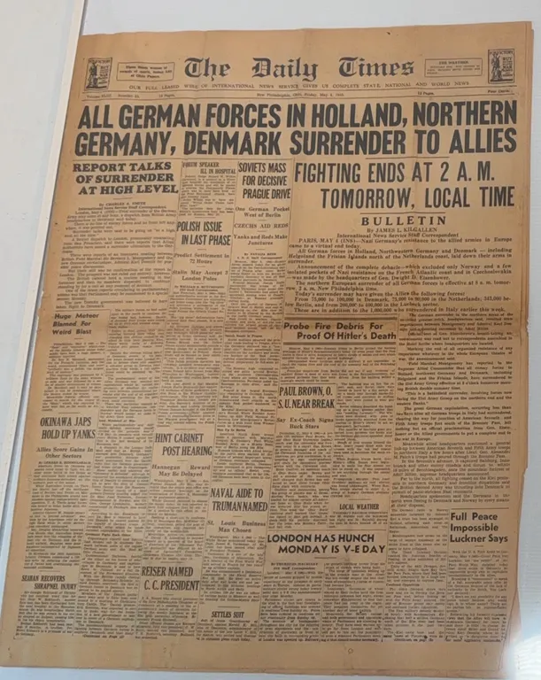“ALL GERMAN FORCES IN HOLLAND, NORTHERN GERMANY, DENMARK SURRENDER TO ALLIES”