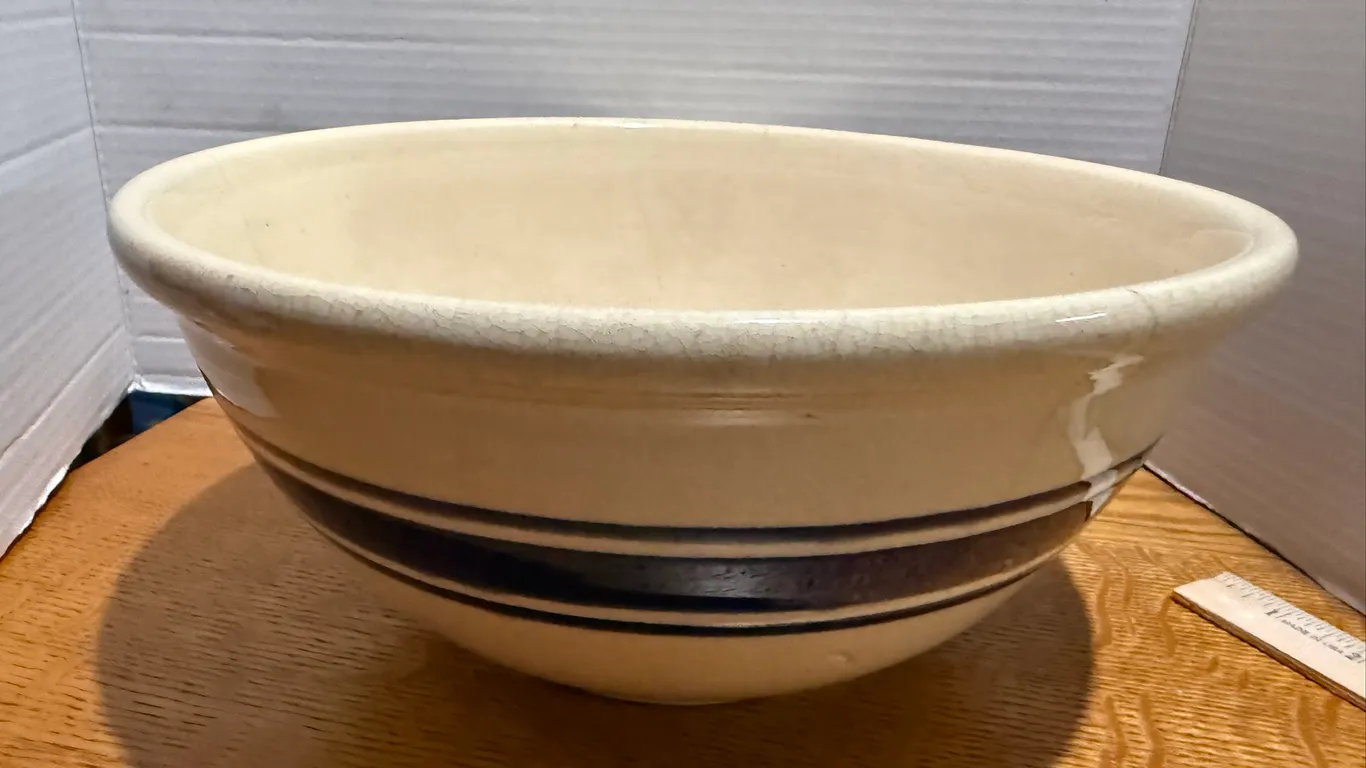 Large Vintage Pottery Mixing Bowl Blue Stripes