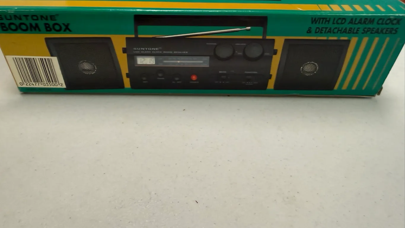 1996 Sunstone Mini Boom Box with LCD Alarm Clock & Detachable Speakers in Box