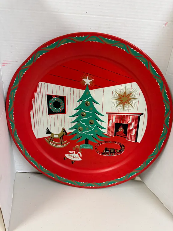 Vintage MCM 1960's Large Round Retro Christmas Party Serving Tray
