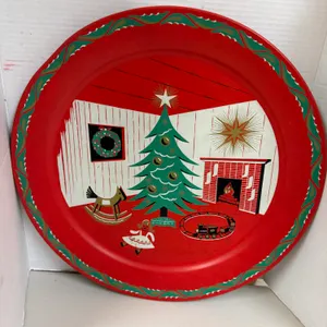 Vintage MCM 1960's Large Round Retro Christmas Party Serving Tray