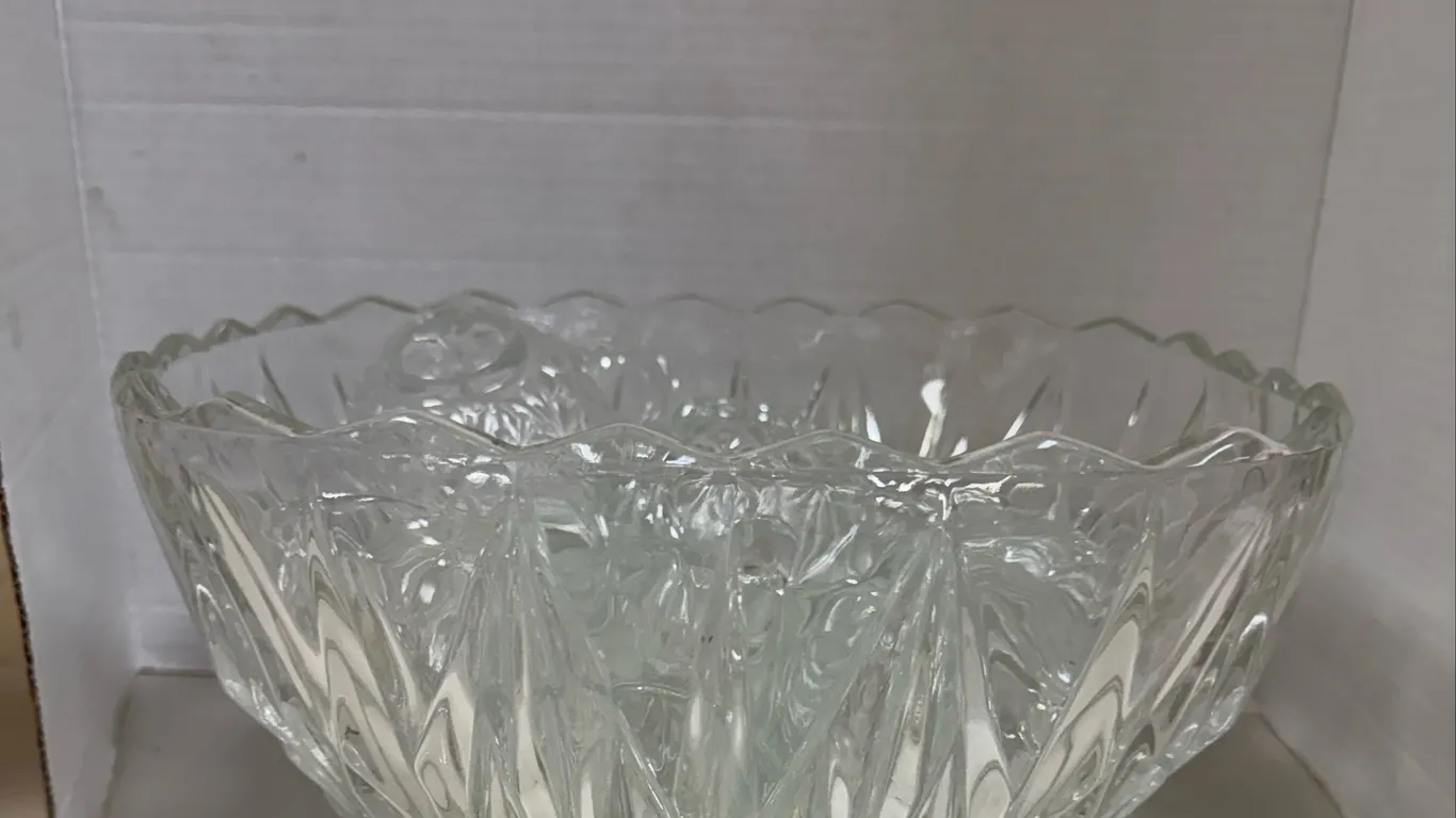 Retro Clear Pressed Glass Punch Bowl & 9 Cups Set