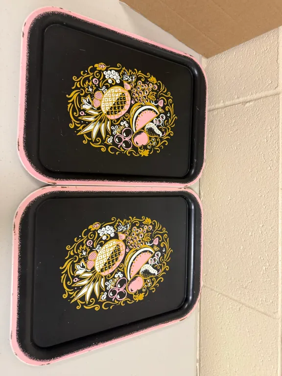 Lot of 2 Retro MCM Black/Pink Fruit Trays