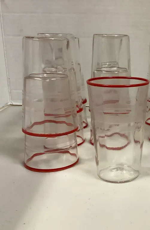 Lot of 6 Only Vintage Glass Ringed Red Edged Trim Juice Glasses