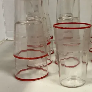 Lot of 6 Only Vintage Glass Ringed Red Edged Trim Juice Glasses