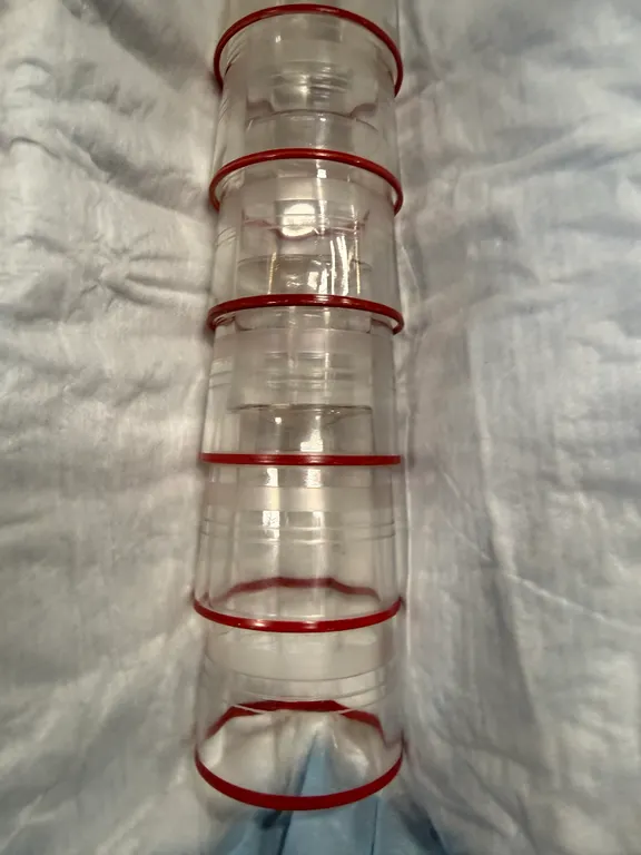 Vintage lot of 6, Ringed Clear Red Edge Rimmed Juice Glasses