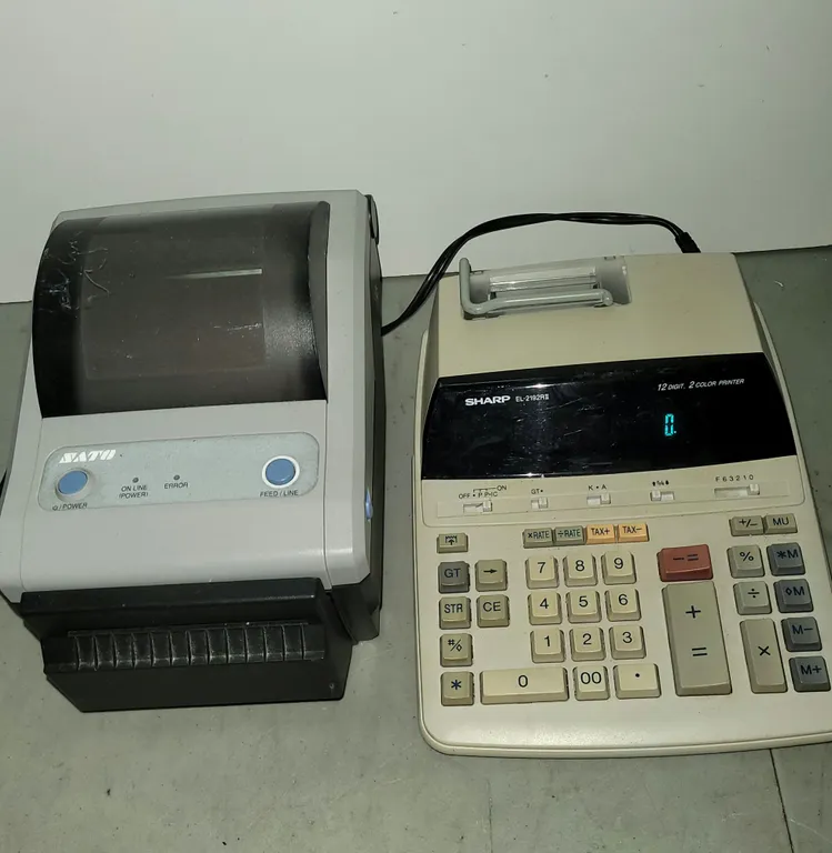 SATO CG408DT-RS Barcode Printer & Sharp EL-2192RII Printing Calculator