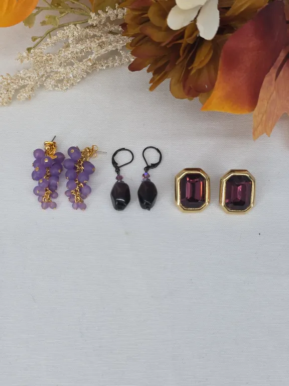 Mixed Purple Earring Set Grape Cluster Black Leverback Gold Tone Crystal Studs