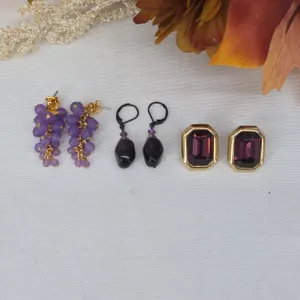 Mixed Purple Earring Set Grape Cluster Black Leverback Gold Tone Crystal Studs