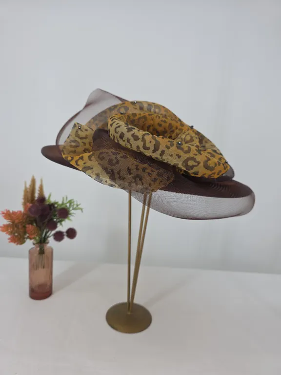 Hi's Vintage Classic Leopard Print Church Hat Brown Wide Brim Mesh Netting Formal Hat