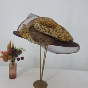 Hi's Vintage Classic Leopard Print Church Hat Brown Wide Brim Mesh Netting Formal Hat