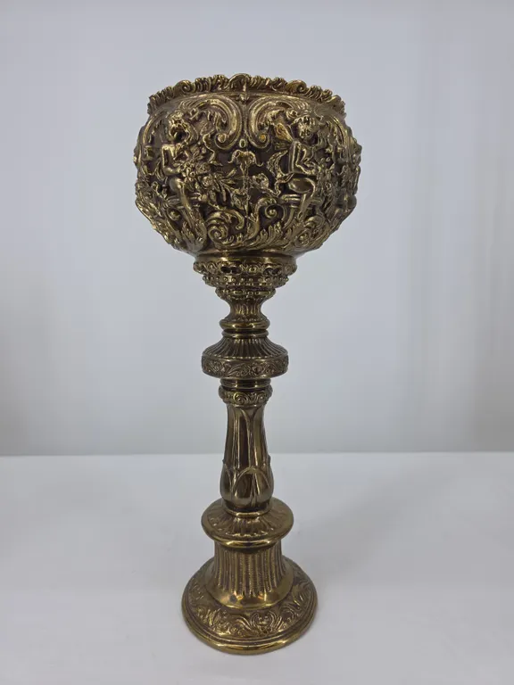 Vintage Ornate Heavy Cherub Chalice Planter Tall Pedestal Urn Decorative Gold