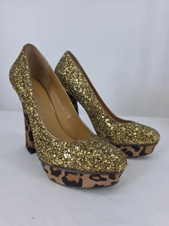 Nine West Gold Glitter Leopard Calf Hair Platform Block Heel Pumps 9.5