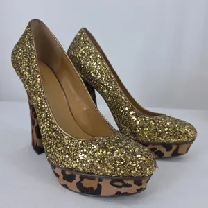Nine West Gold Glitter Leopard Calf Hair Platform Block Heel Pumps 9.5