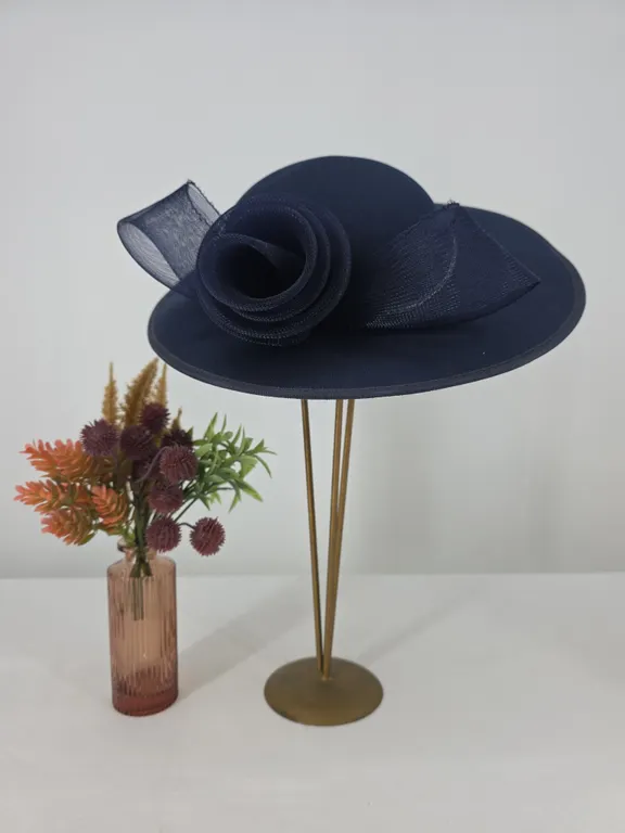 Navy Blue Dress Hat with Mesh Rose Detail and Silver Accent