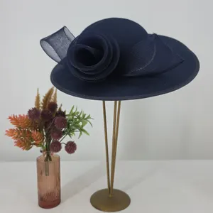 Navy Blue  Dress Hat with Mesh Rose Detail and Silver Accent