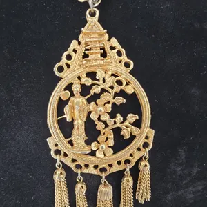 Vintage Gold Tone Asian Pagoda Tassel Pendant Necklace Chinoiserie Statement