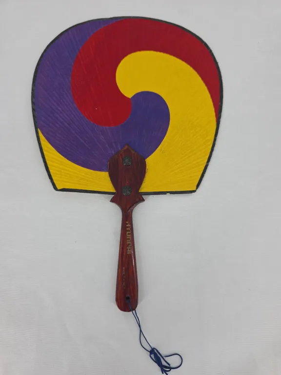 Vintage Hyundai Korean Taegeuk Hand Fan Wood Handle Red Yellow Purple Swirl