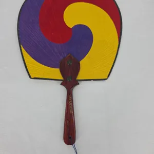Vintage Hyundai Korean Taegeuk Hand Fan Wood Handle Red Yellow Purple Swirl