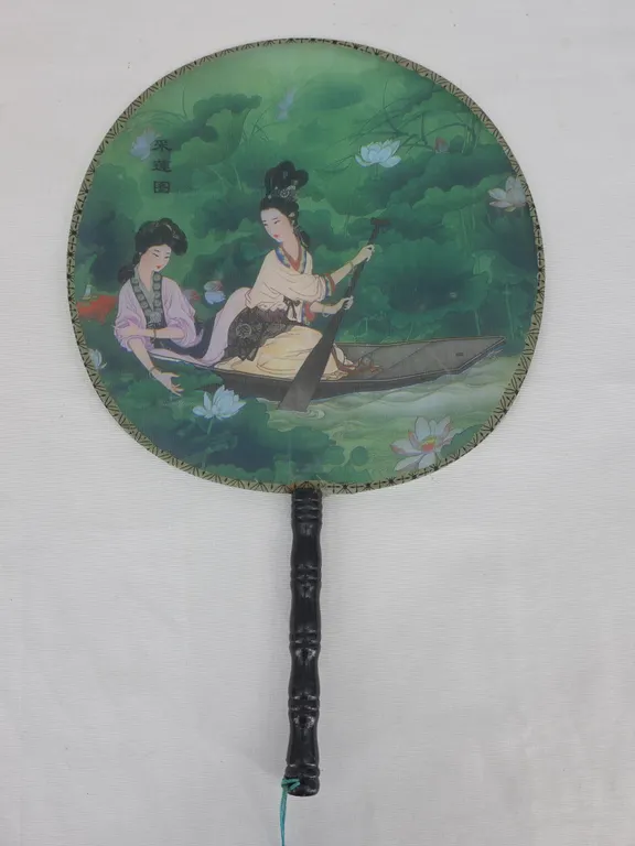 Japenses Vintage Handheld Silk Screen Geisha Fan with Bamboo Handle