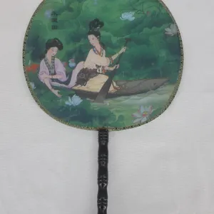 Japenses Vintage Handheld Silk Screen Geisha Fan with Bamboo Handle