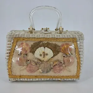 Seashell Atlas Ivory Wicker Purse Lucite Handle Vintage