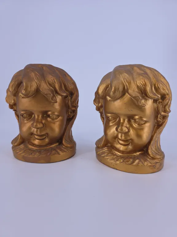 Vintage Gold Tone Child Cherub Head Face Bust Bookends Heavy