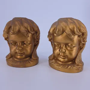 Vintage Gold Tone Child Cherub Head Face Bust Bookends Heavy