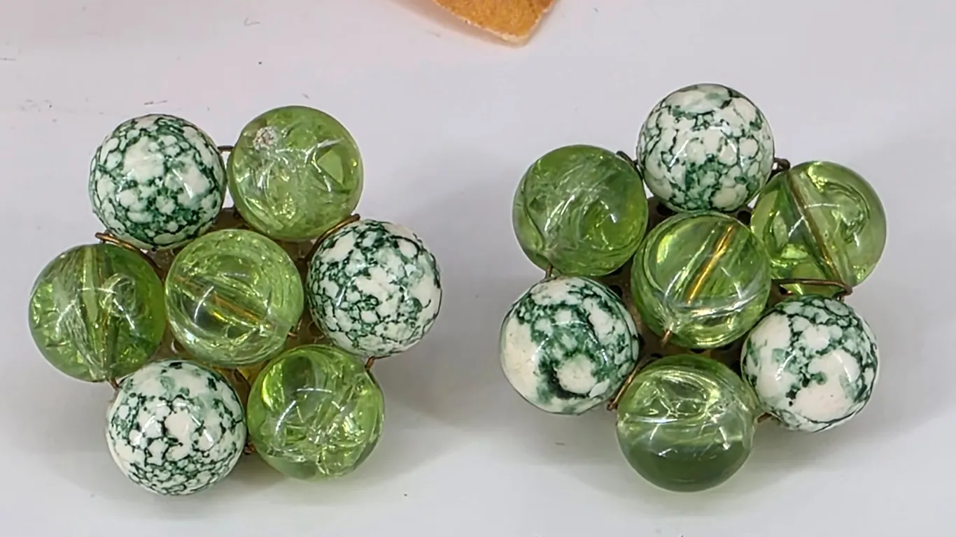 Vintage West Germany Green Glass Speckled Bead Cluster Clip On Earrings