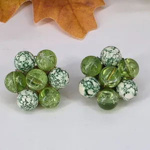 Vintage West Germany Green Glass Speckled Bead Cluster Clip On Earrings