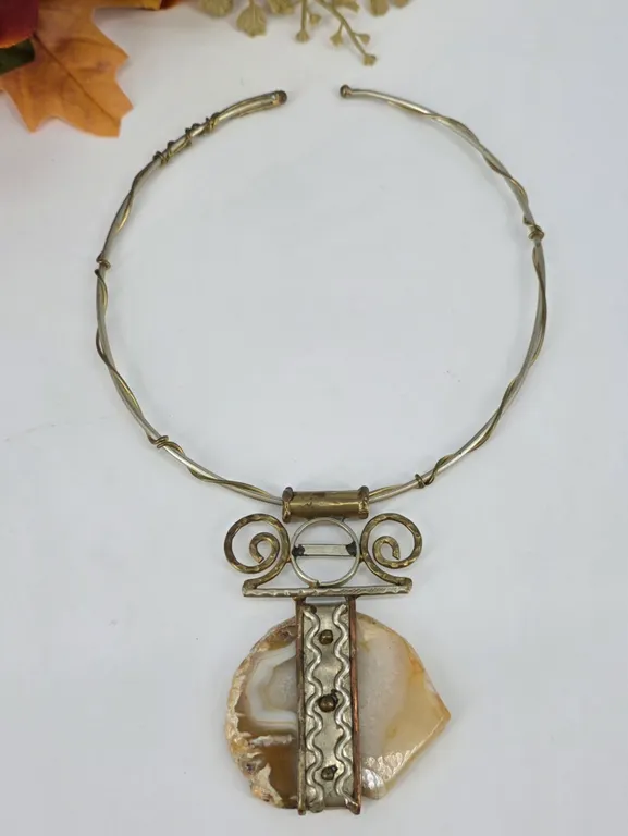 Artisan Brutalist Mixed Metal Agate Slice Torque Collar Necklace Statement