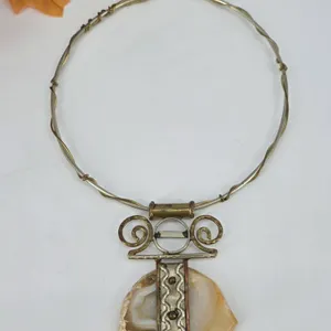 Artisan Brutalist Mixed Metal Agate Slice Torque Collar Necklace Statement