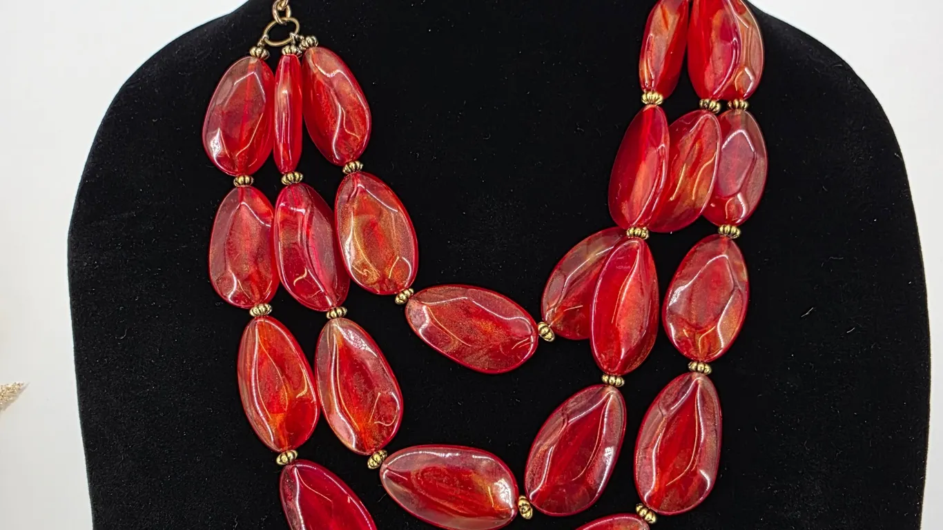 Red Statement Necklace Multi Strand Gold Tone Shimmer Resin Bead