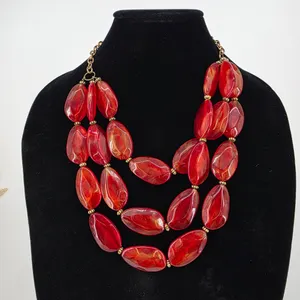 Red Statement Necklace Multi Strand Gold Tone Shimmer Resin Bead