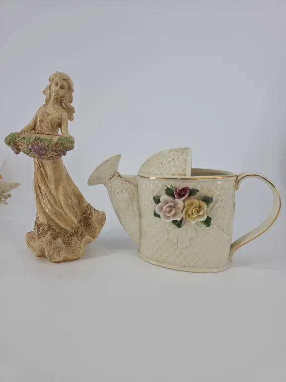 Two Piece Ceramic Flower Pitcher and Small Girl Statue
