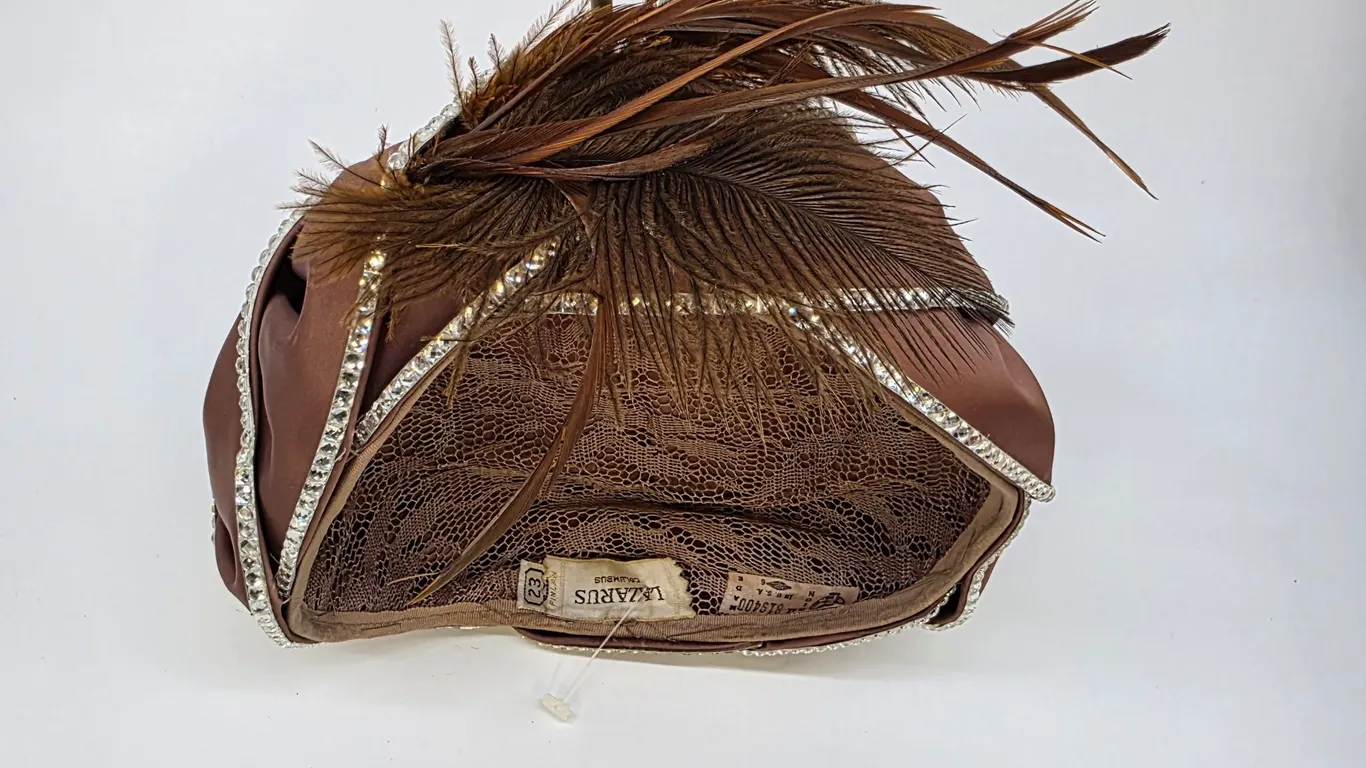 Vintage Lazarus Columbus Brown Satin Rhinestone Feather Cocktail Hat 23