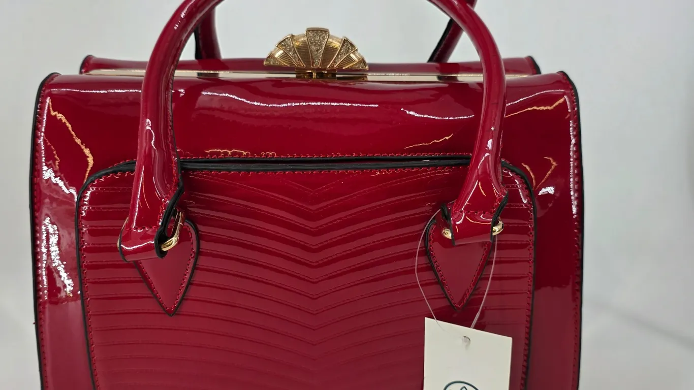 Bosco Nebbioso Red Patent Satchel Handbag Rhinestone Art Deco Clasp