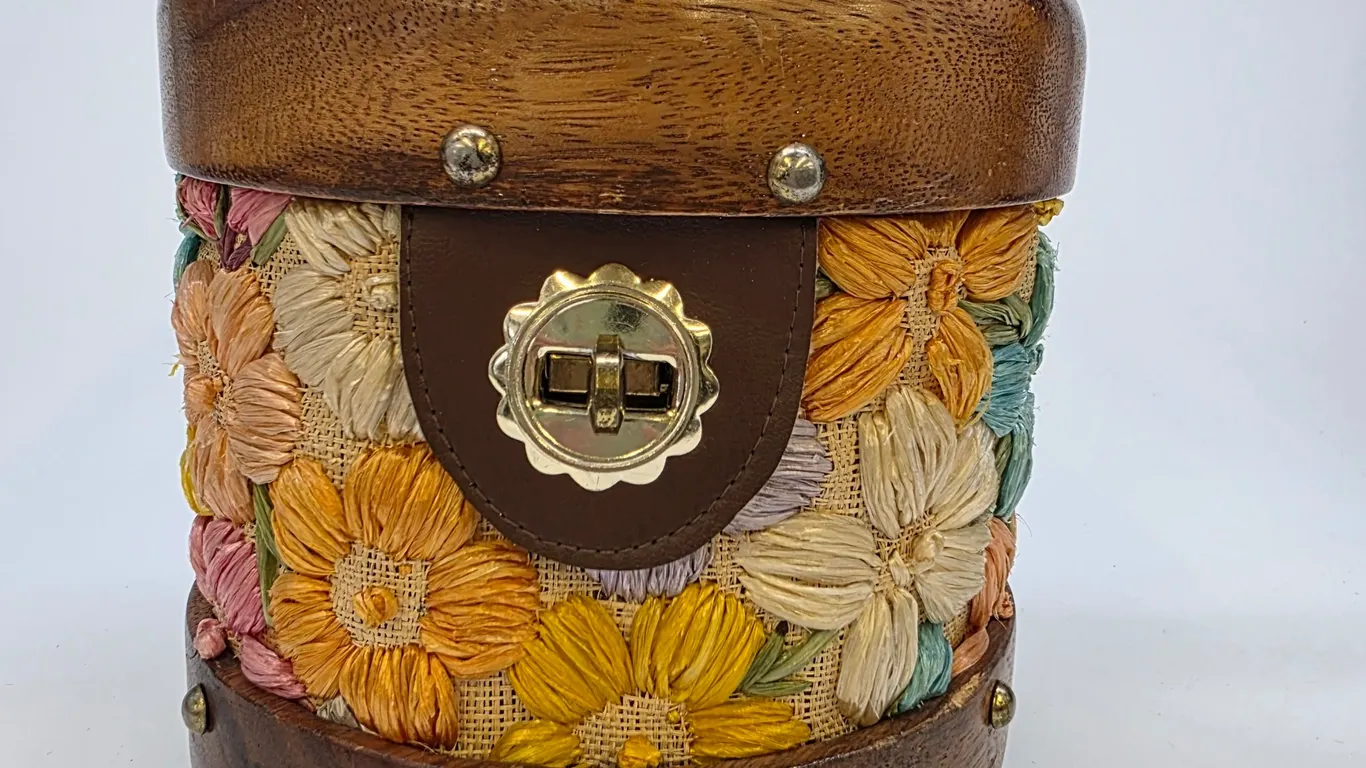 Vintage Wood and Raffia Floral Embroidered Bucket Bag Handcrafted Philippines