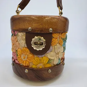 Vintage Wood and Raffia Floral Embroidered Bucket Bag Handcrafted Philippines
