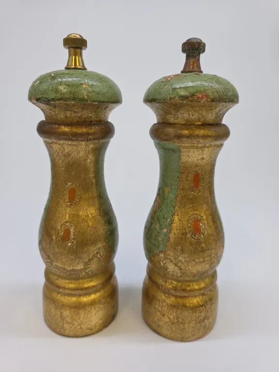 Vintage Gold and Green Painted Salt and Pepper Shakers Made in Italy
