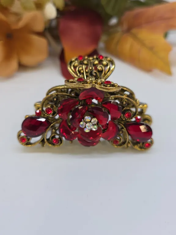 Beautiful Studded Metal Hair Clip With Red on Gold Tone