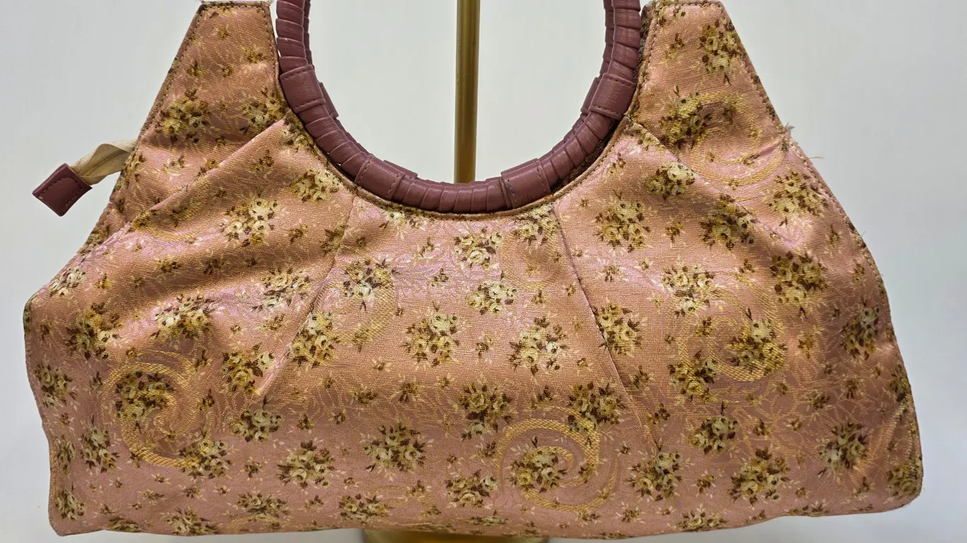 Moda Factory Pink Gold Floral Tapestry Brocade Handbag Round Handle Turkey