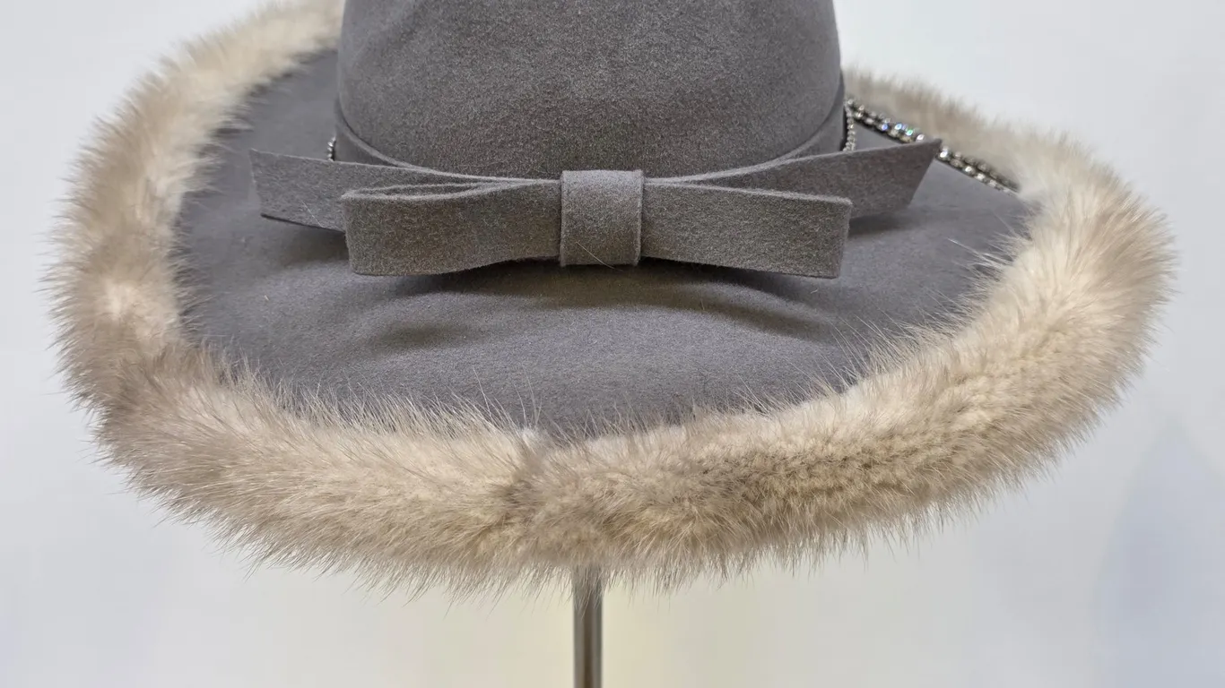 Vintage Mr. John Jr. Grey Wool Felt Hat Fur Trim Rhinestone Fringe Bow USA Made
